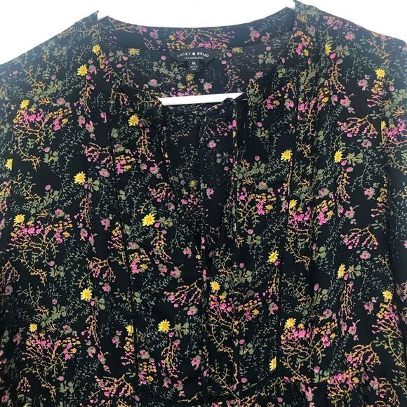 Lucky Brand Black Pink Floral Tie Neck Baby Doll Peasant Blouse - Picture 6 of 14